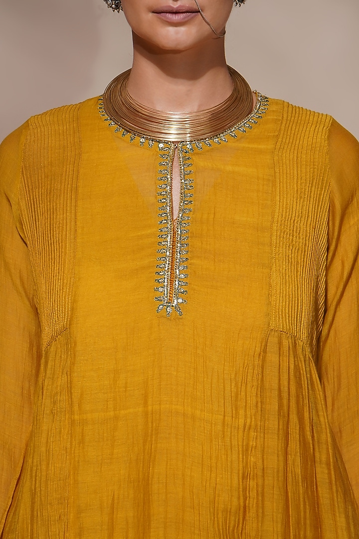 Mustard Yellow Cotton Silk Embroidered Kurta Set by Aditya Sikand at Pernia's Pop Up Shop