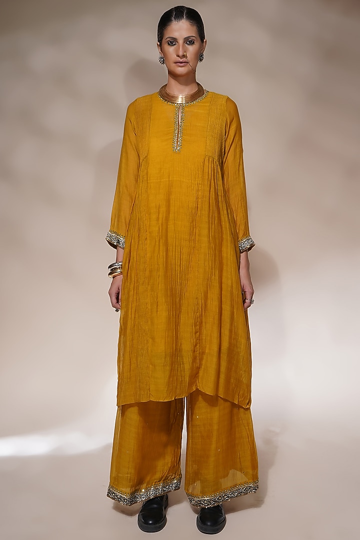 Mustard Yellow Cotton Silk Embroidered Kurta Set by Aditya Sikand at Pernia's Pop Up Shop