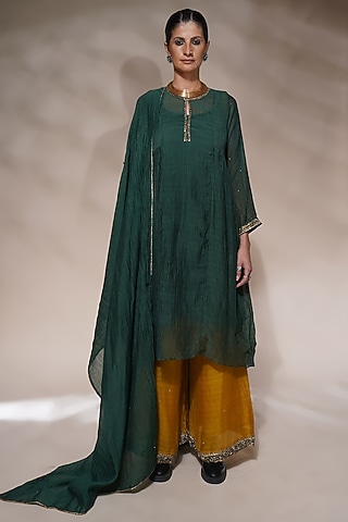 Bottle Green Cotton Silk Embroidered Kurta Set by Aditya Sikand