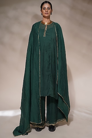 Bottle Green Cotton Silk Embroidered Kurta Set by Aditya Sikand