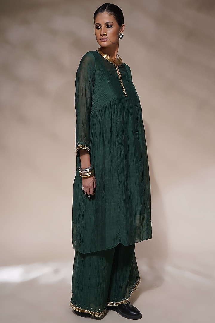 Bottle Green Cotton Silk Embroidered Kurta Set by Aditya Sikand at Pernia's Pop Up Shop