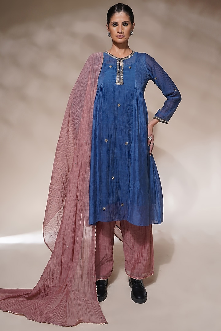 Electric Blue Cotton Silk Embroidered Kurta Set by Aditya Sikand