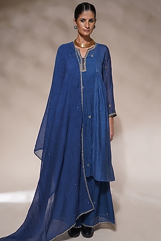 Electric Blue Cotton Silk Embroidered Kurta Set by Aditya Sikand