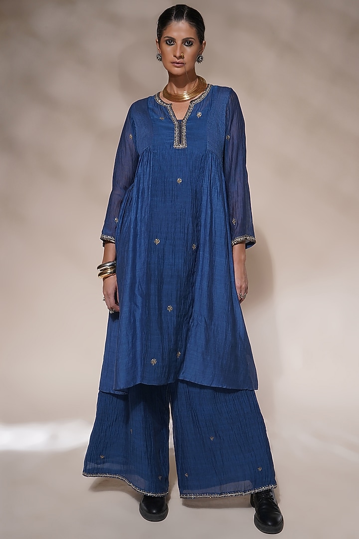 Electric Blue Cotton Silk Embroidered Kurta Set by Aditya Sikand at Pernia's Pop Up Shop