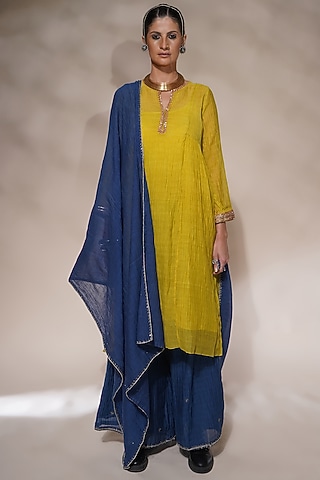 Acid Yellow Cotton Silk Embroidered Kurta Set by Aditya Sikand