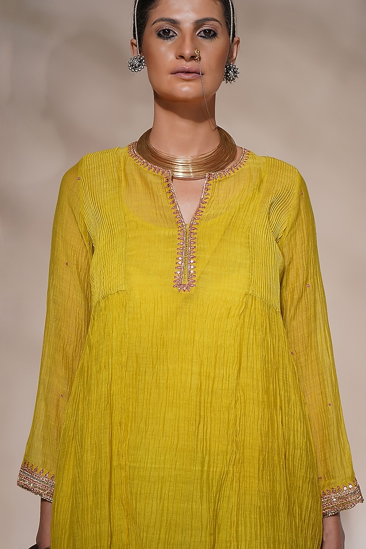 Acid Yellow Cotton Silk Embroidered Kurta Set by Aditya Sikand at Pernia's Pop Up Shop