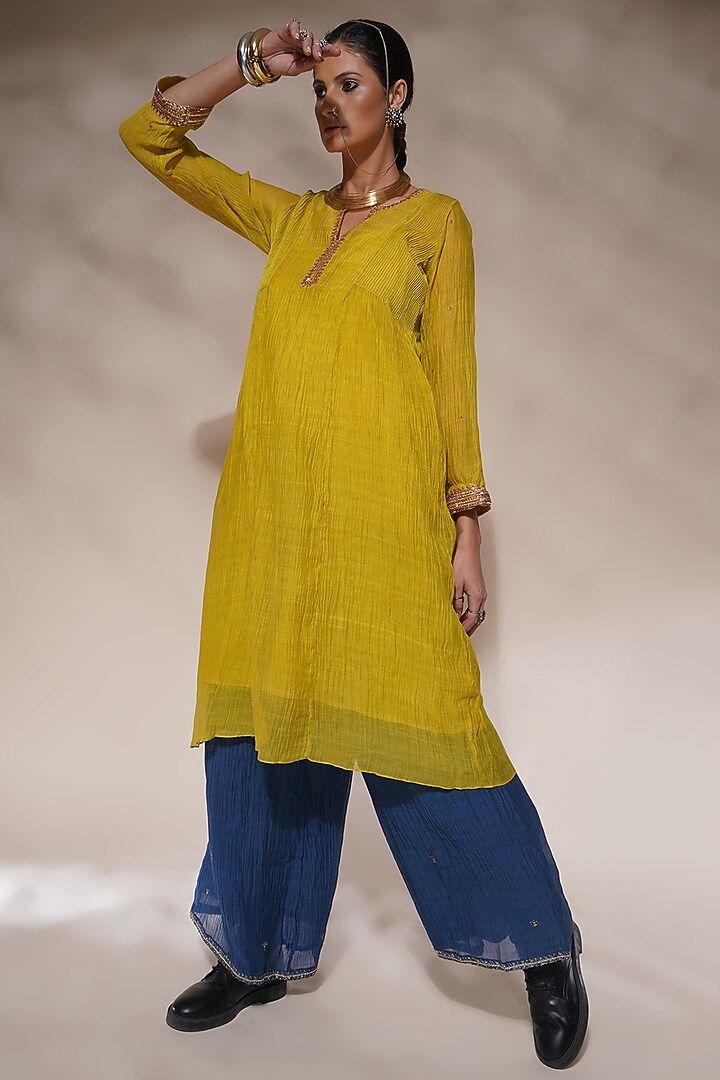 Acid Yellow Cotton Silk Embroidered Kurta Set by Aditya Sikand at Pernia's Pop Up Shop