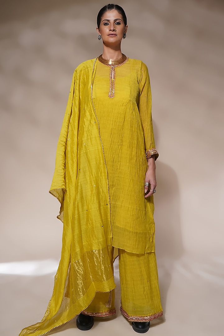 Acid Yellow Cotton Silk Embroidered Kurta Set by Aditya Sikand