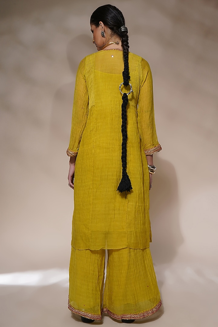 Acid Yellow Cotton Silk Embroidered Kurta Set by Aditya Sikand at Pernia's Pop Up Shop