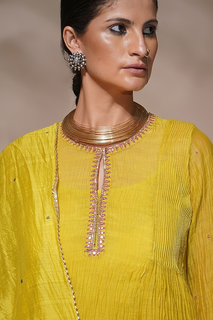 Acid Yellow Cotton Silk Embroidered Kurta Set by Aditya Sikand at Pernia's Pop Up Shop