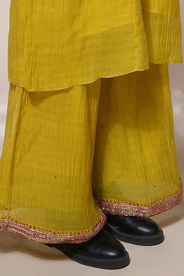 Acid Yellow Cotton Silk Embroidered Kurta Set by Aditya Sikand at Pernia's Pop Up Shop