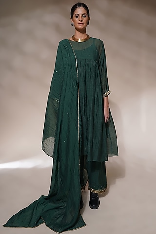 Bottle Green Viscose Crepe Embroidered Kurta Set by Aditya Sikand