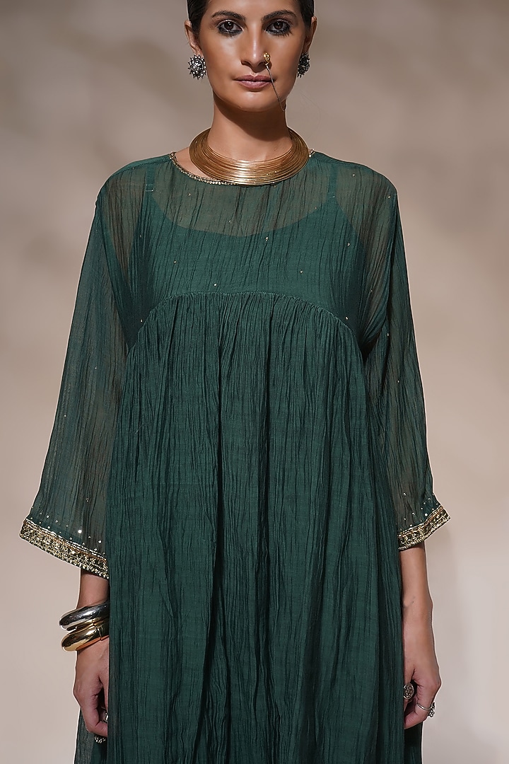 Bottle Green Viscose Crepe Embroidered Kurta Set by Aditya Sikand at Pernia's Pop Up Shop