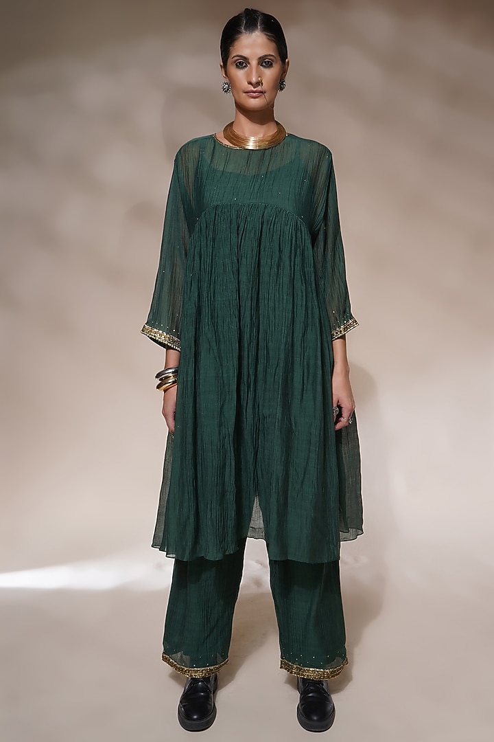 Bottle Green Viscose Crepe Embroidered Kurta Set by Aditya Sikand at Pernia's Pop Up Shop