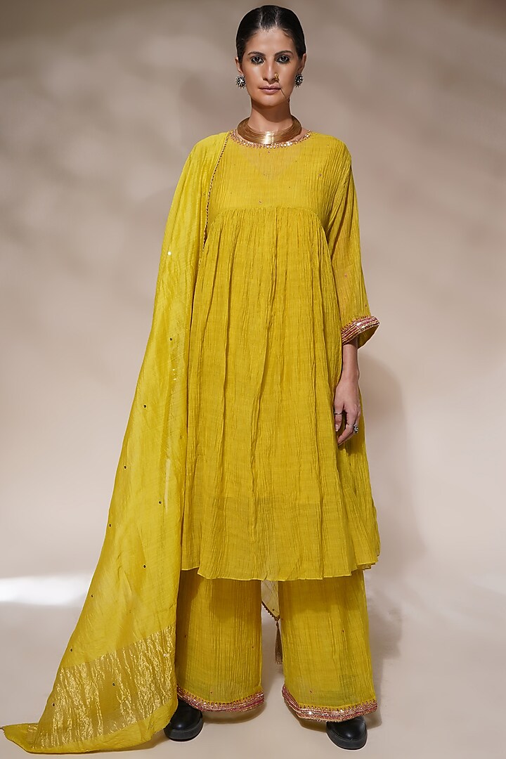 Acid Yellow Cotton Silk Embroidered Kurta Set by Aditya Sikand