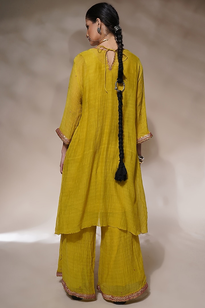 Acid Yellow Cotton Silk Embroidered Kurta Set by Aditya Sikand at Pernia's Pop Up Shop