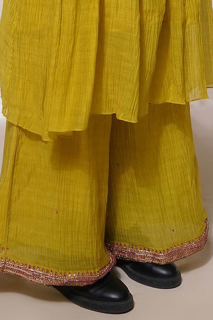 Acid Yellow Cotton Silk Embroidered Kurta Set by Aditya Sikand at Pernia's Pop Up Shop