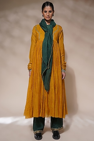 Mustard Yellow Cotton Silk Embroidered Anarkali Set by Aditya Sikand