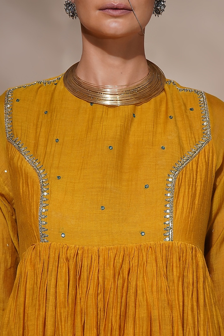 Mustard Yellow Cotton Silk Embroidered Party Wear Anarkali Set by Aditya Sikand at Pernia's Pop Up Shop