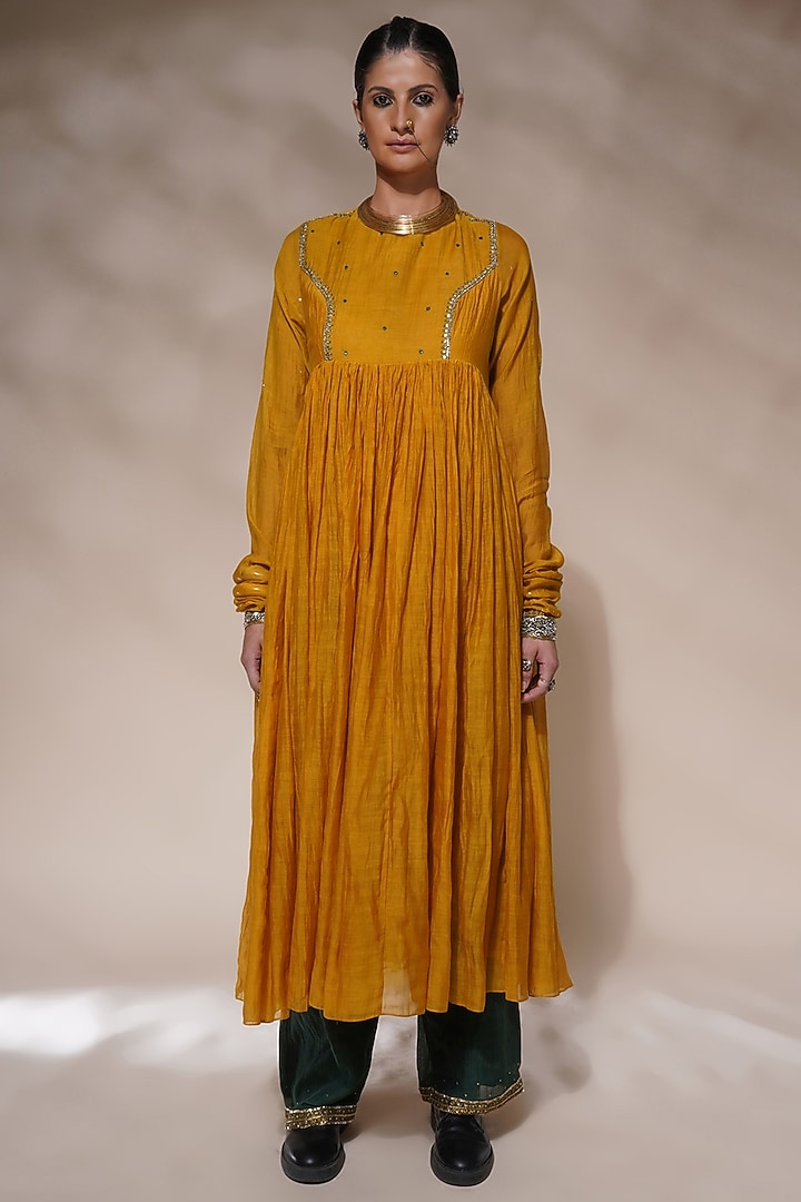 Mustard Yellow Cotton Silk Embroidered Party Wear Anarkali Set by Aditya Sikand at Pernia's Pop Up Shop