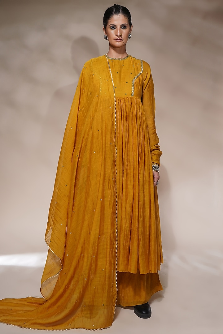 Mustard Yellow Cotton Silk Embroidered Anarkali Set by Aditya Sikand