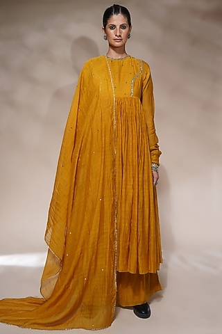 Mustard Yellow Cotton Silk Embroidered Anarkali Set by Aditya Sikand