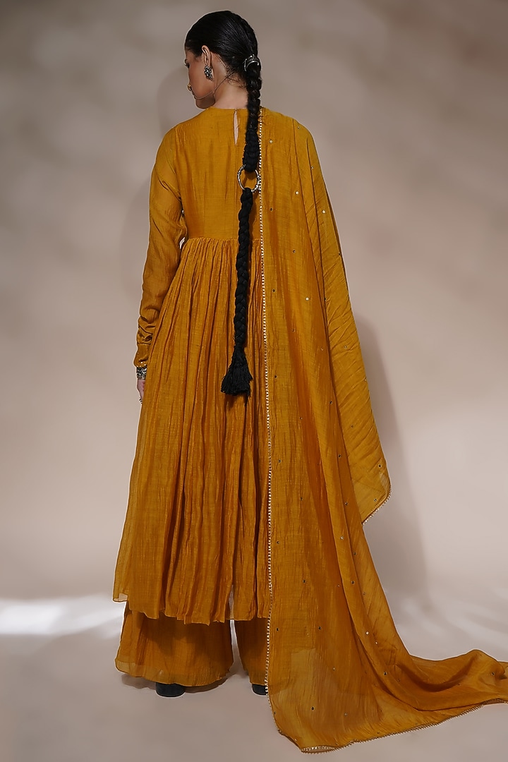 Mustard Yellow Cotton Silk Embroidered Party Wear Anarkali Set by Aditya Sikand at Pernia's Pop Up Shop