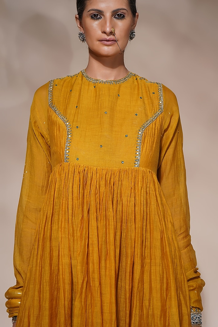 Mustard Yellow Cotton Silk Embroidered Party Wear Anarkali Set by Aditya Sikand at Pernia's Pop Up Shop