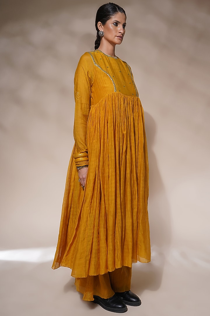 Mustard Yellow Cotton Silk Embroidered Party Wear Anarkali Set by Aditya Sikand at Pernia's Pop Up Shop