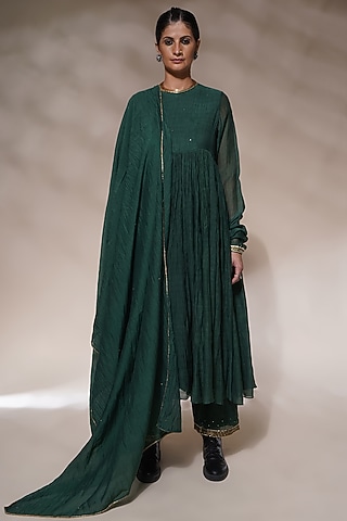 Bottle Green Cotton Silk Embroidered Anarkali Set by Aditya Sikand