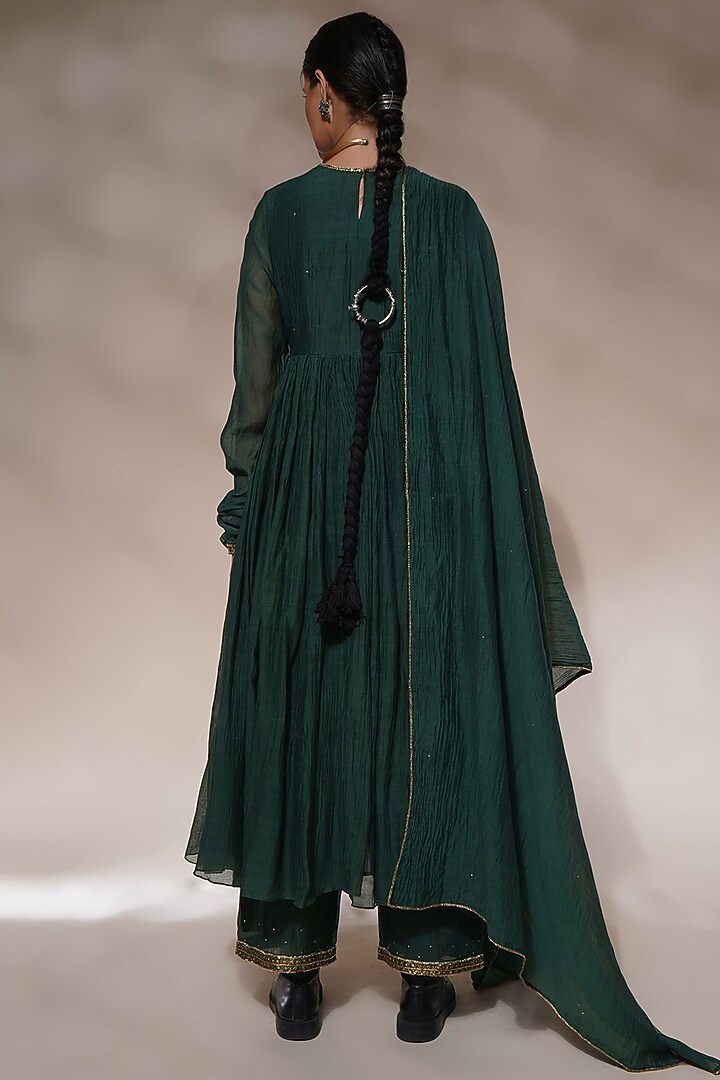Bottle Green Cotton Silk Embroidered Party Wear Anarkali Set by Aditya Sikand at Pernia's Pop Up Shop