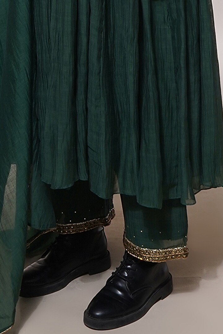 Bottle Green Cotton Silk Embroidered Party Wear Anarkali Set by Aditya Sikand at Pernia's Pop Up Shop