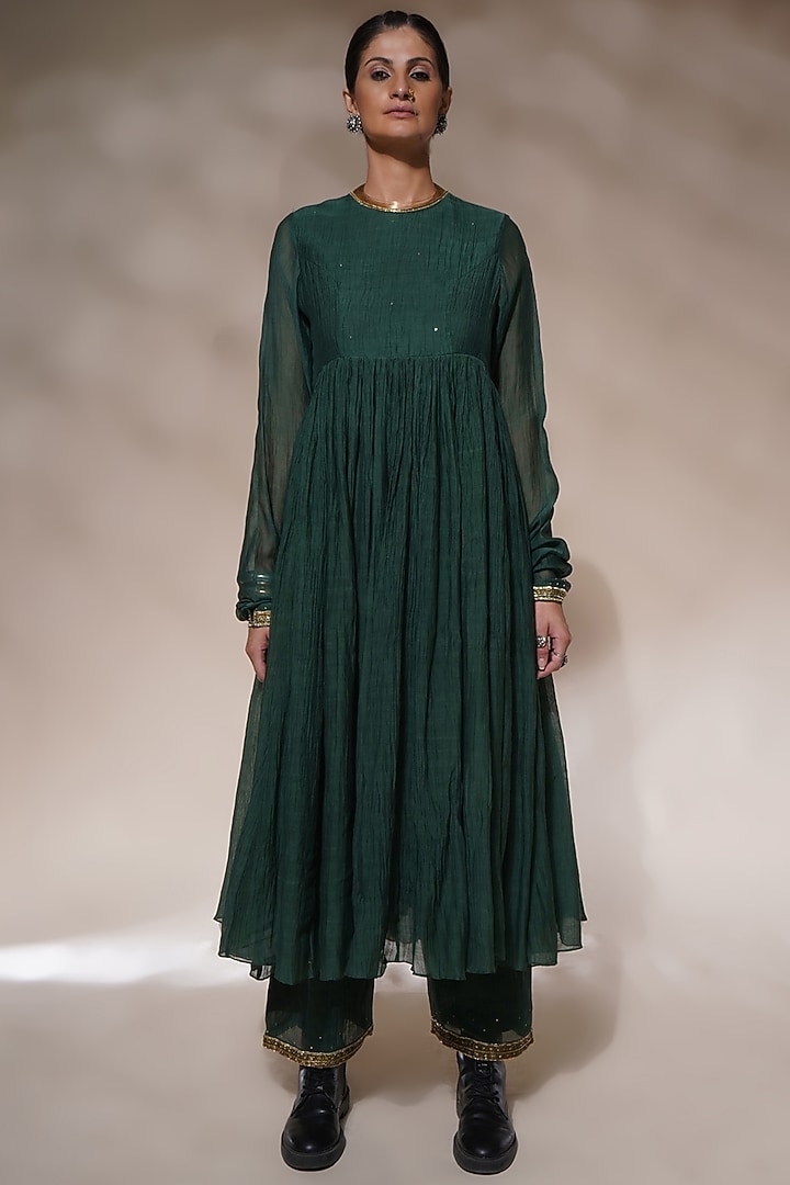 Bottle Green Cotton Silk Embroidered Party Wear Anarkali Set by Aditya Sikand at Pernia's Pop Up Shop