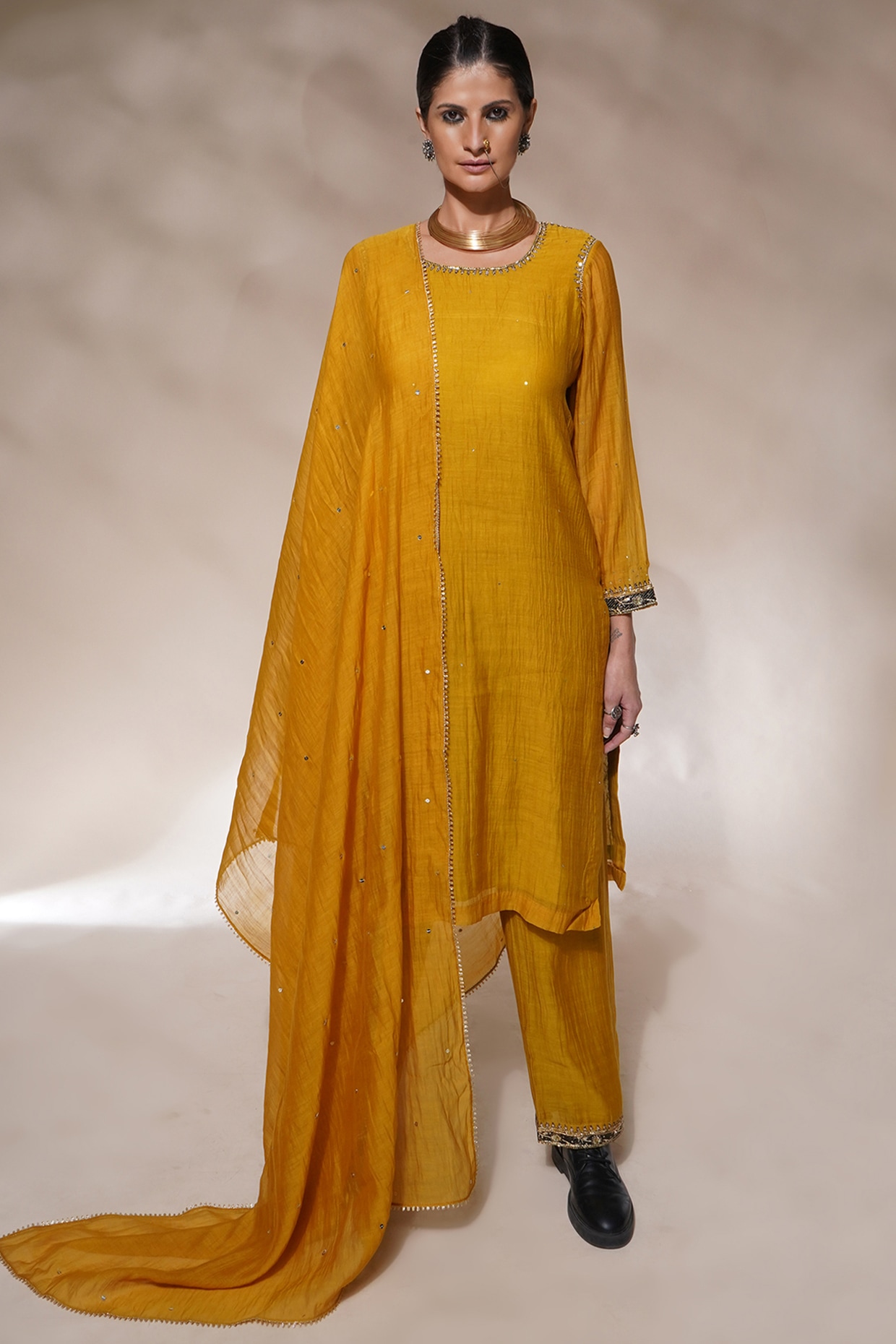 Silkfab Womens Banarasi Silk Mustard Solid Kurti Pant Set  SILKFAB
