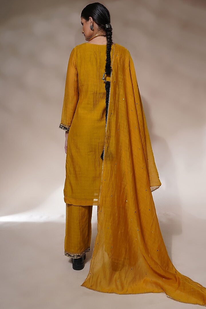 Mustard Yellow Cotton Silk Embroidered Straight Kurta Set by Aditya Sikand at Pernia's Pop Up Shop