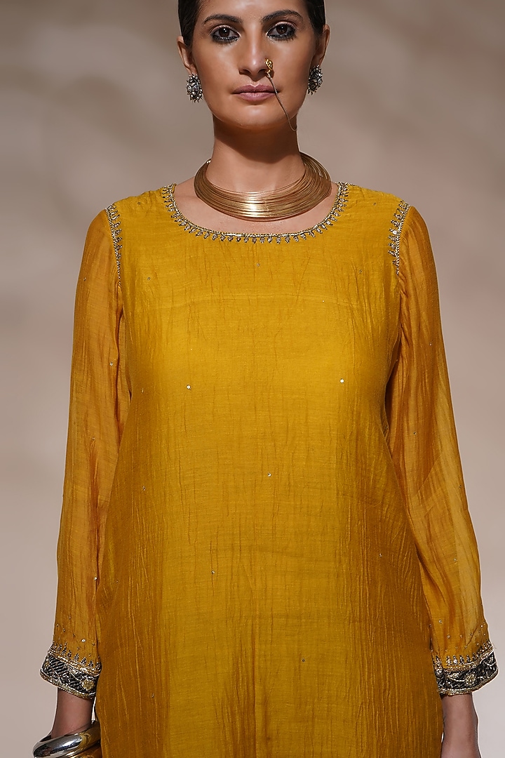 Mustard Yellow Cotton Silk Embroidered Straight Kurta Set by Aditya Sikand at Pernia's Pop Up Shop