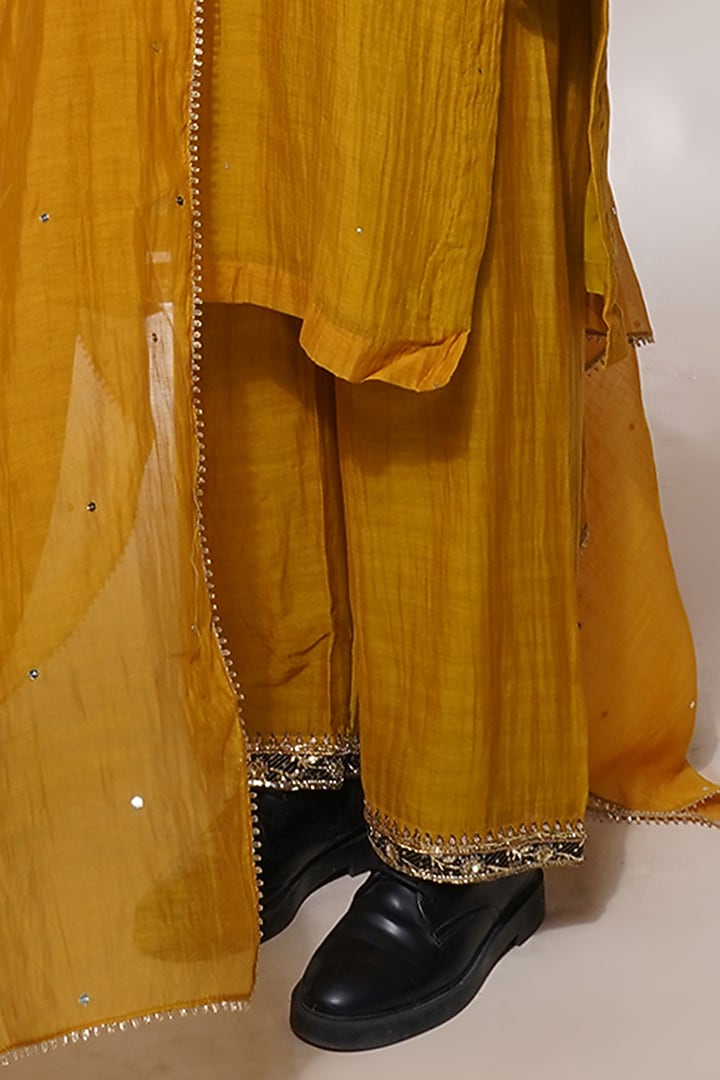 Mustard Yellow Cotton Silk Embroidered Straight Kurta Set by Aditya Sikand at Pernia's Pop Up Shop