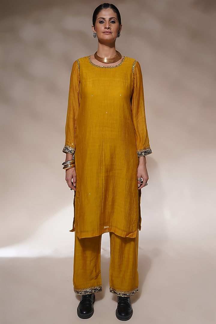 Mustard Yellow Cotton Silk Embroidered Straight Kurta Set by Aditya Sikand at Pernia's Pop Up Shop