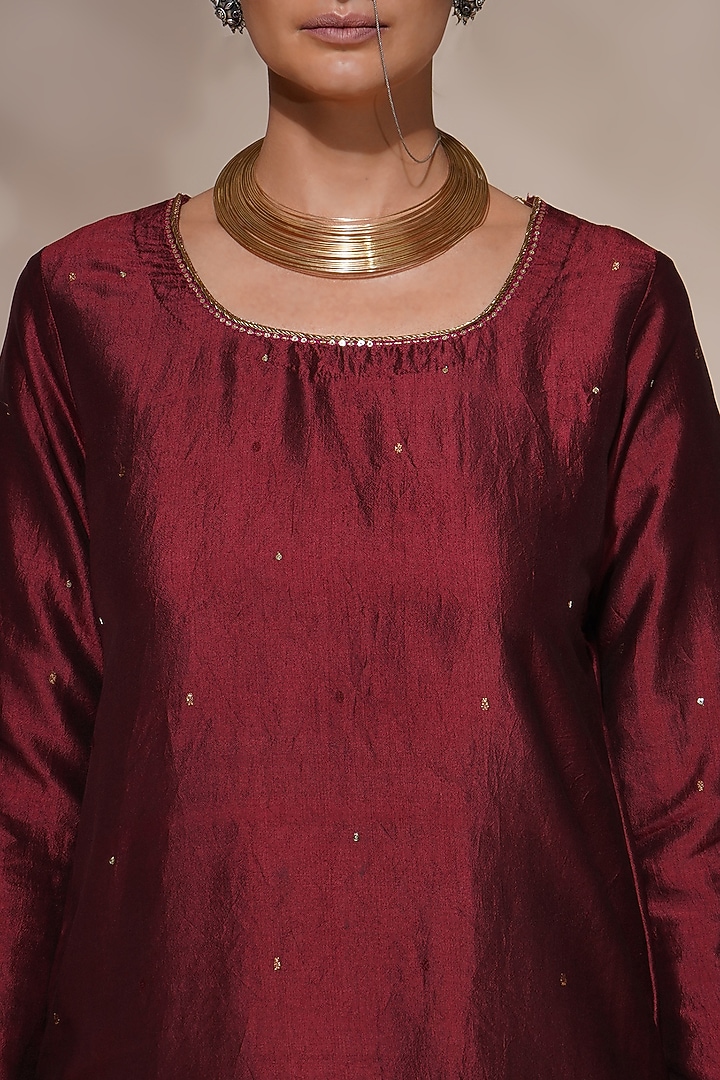 Maroon Cotton Silk Embroidered Kurta Set by Aditya Sikand at Pernia's Pop Up Shop