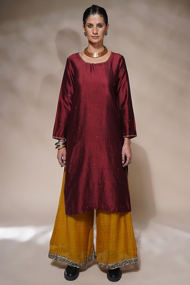 Maroon Cotton Silk Embroidered Kurta Set by Aditya Sikand at Pernia's Pop Up Shop