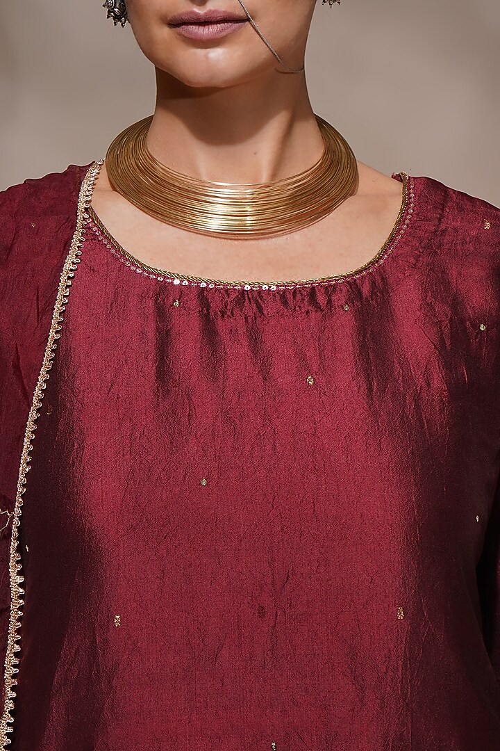 Maroon Cotton Silk Embroidered Kurta Set by Aditya Sikand at Pernia's Pop Up Shop