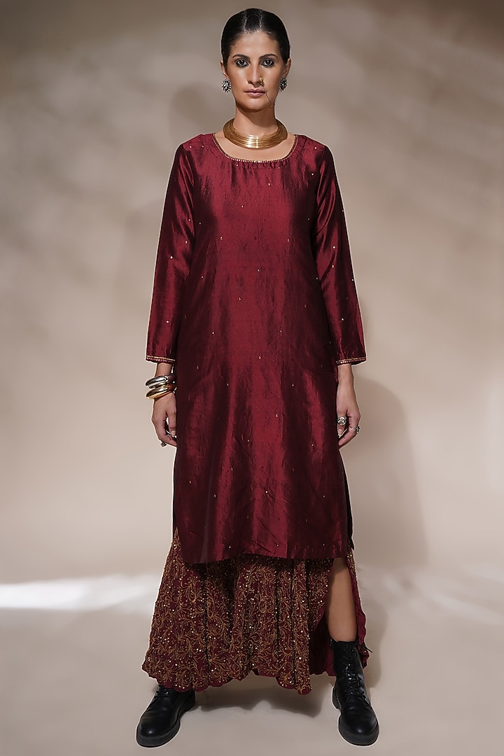 Maroon Cotton Silk Embroidered Kurta Set by Aditya Sikand at Pernia's Pop Up Shop