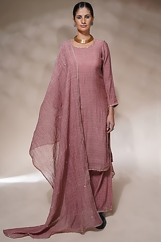 Blush Pink Cotton Silk Embroidered Kurta Set by Aditya Sikand