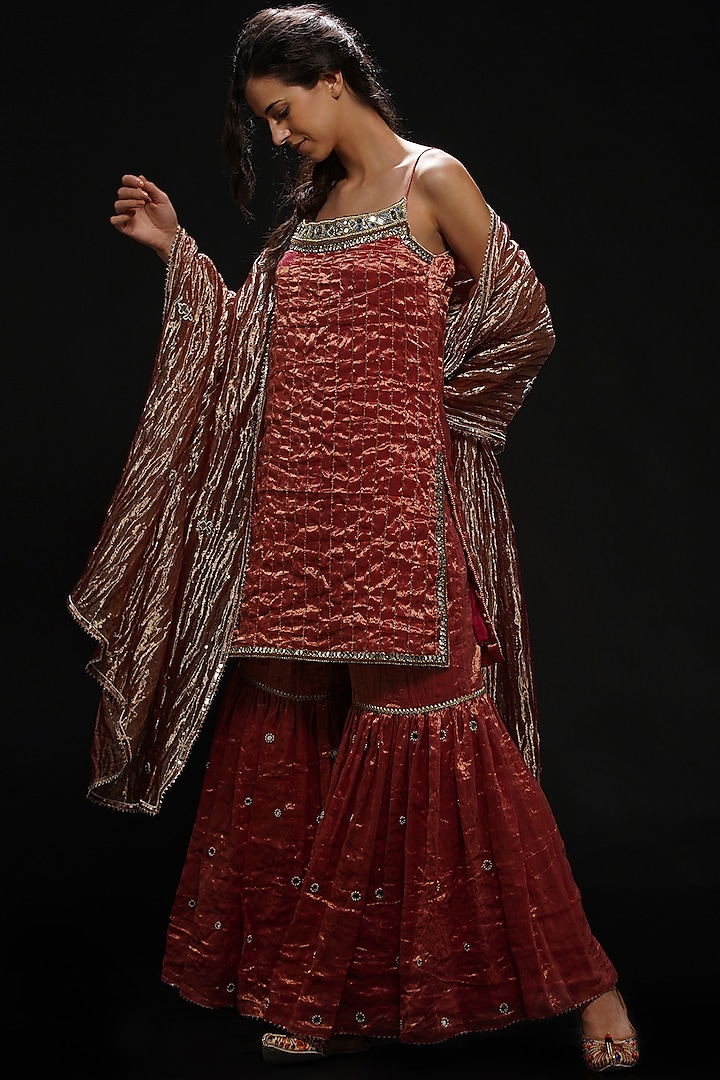 Rani Pink Handwoven Silk Zari Mirror Embroidered Gharara Set by Aditya Sikand