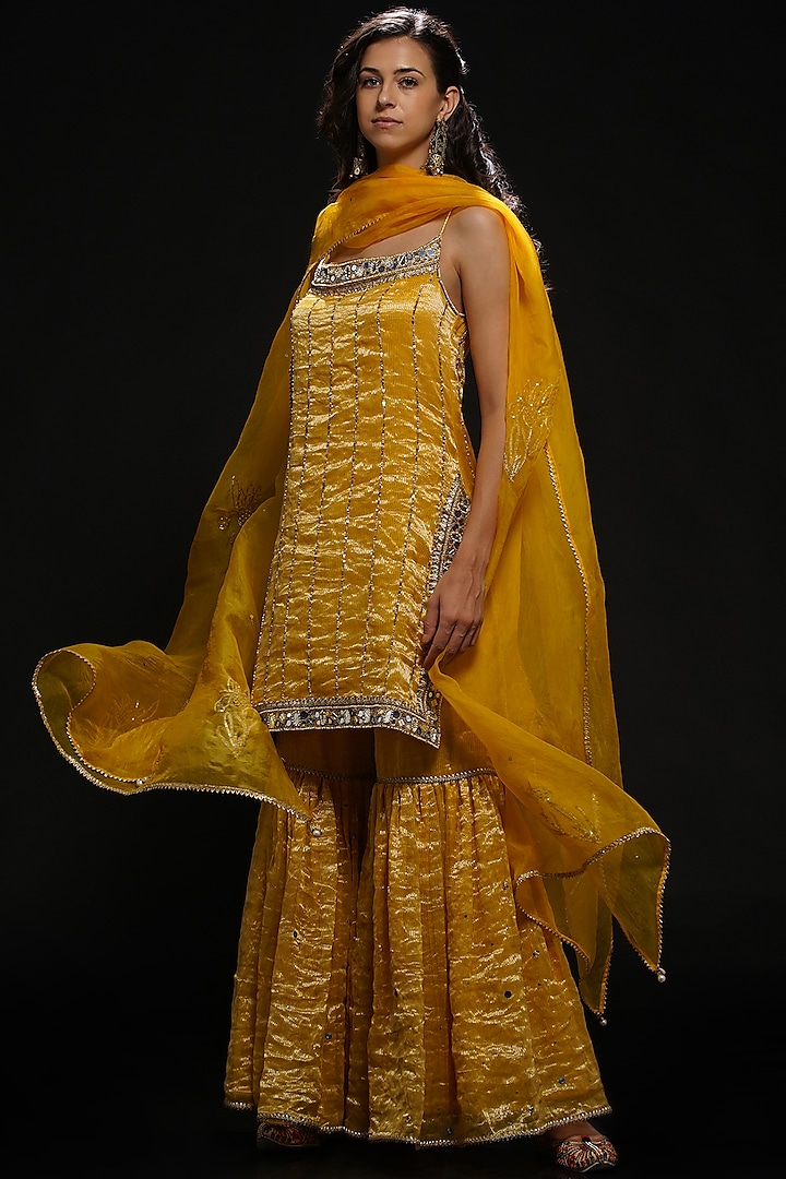 Yellow Handwoven Silk Zari Mirror Embroidered Gharara Set by Aditya Sikand