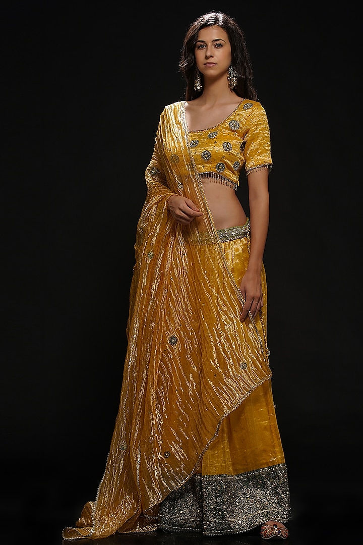 Yellow Hand Embroidered Pant Set by Aditya Sikand