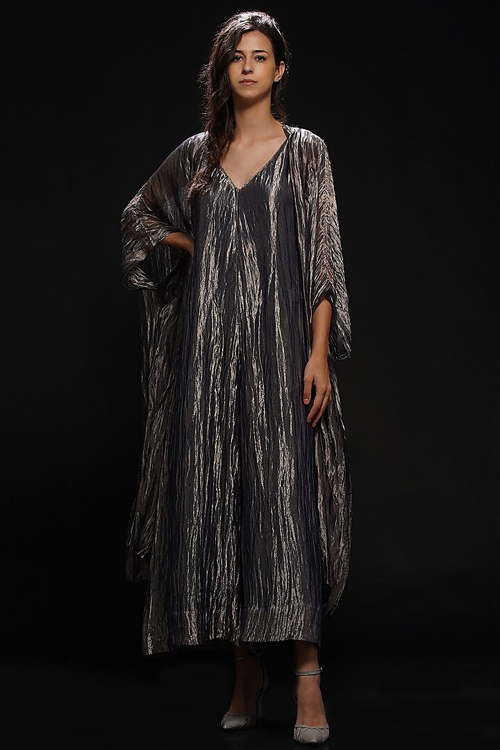 Grey Silver Hand Embroidered Jumpsuit by Aditya Sikand