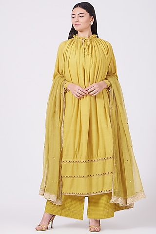 Yellow Hand Embroidered Gathered Kurta Set by Aditya Sikand