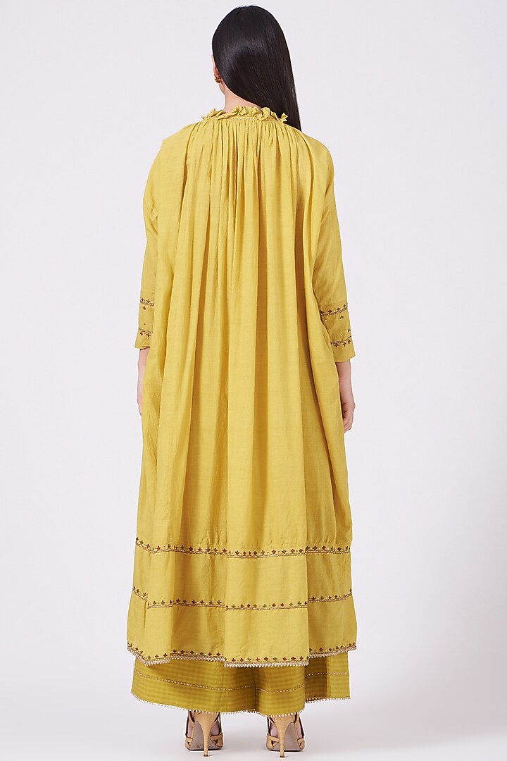 Yellow Hand Embroidered Gathered Kurta Set by Aditya Sikand at Pernia's Pop Up Shop