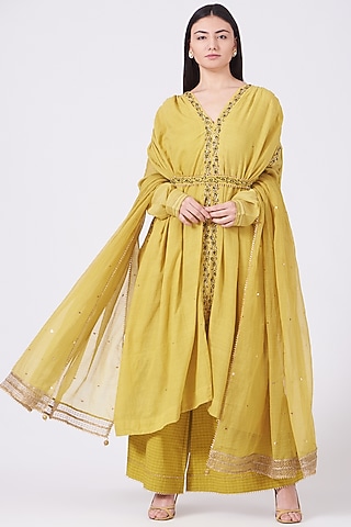 Yellow Aari Hand Embroidered Kurta Set by Aditya Sikand